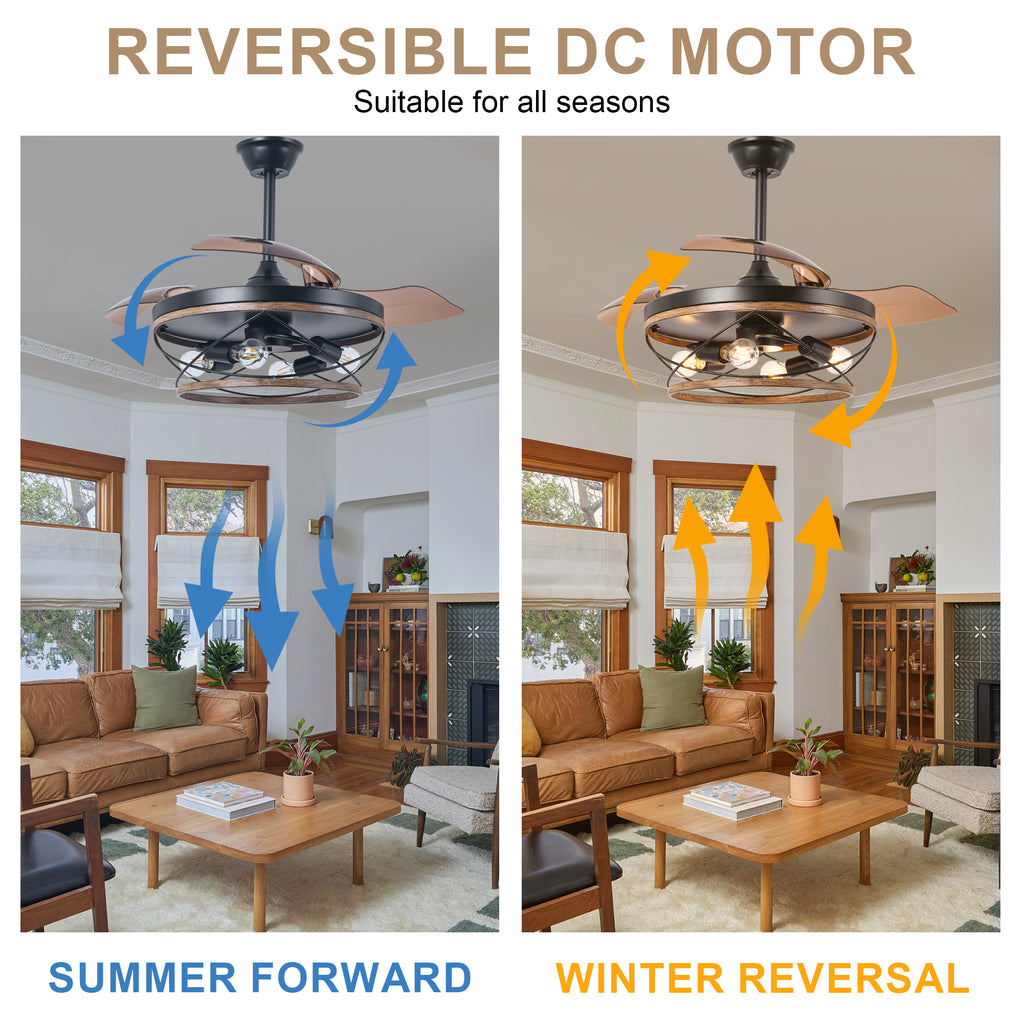 42 Inch Farmhouse Retractable Ceiling Fan with Lights and Remote Control, 6 Speeds Reversible Bladeless Ceiling Fan for Bedroom