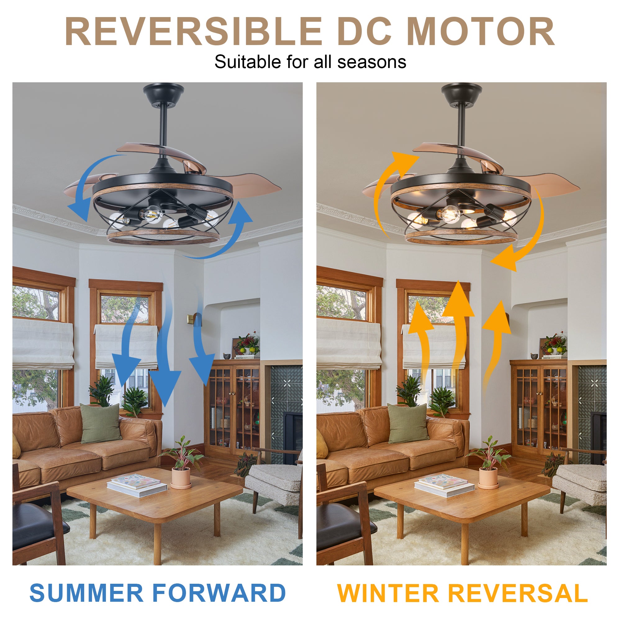 42 Inch Farmhouse Retractable Ceiling Fan with Lights and Remote Control, 6 Speeds Reversible Bladeless Ceiling Fan for Bedroom