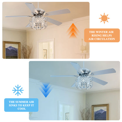 BD2070-52 inch Silver Caged Reversible Crystal Ceiling Fan with Remote and Lights DC Motor 6 Speeds