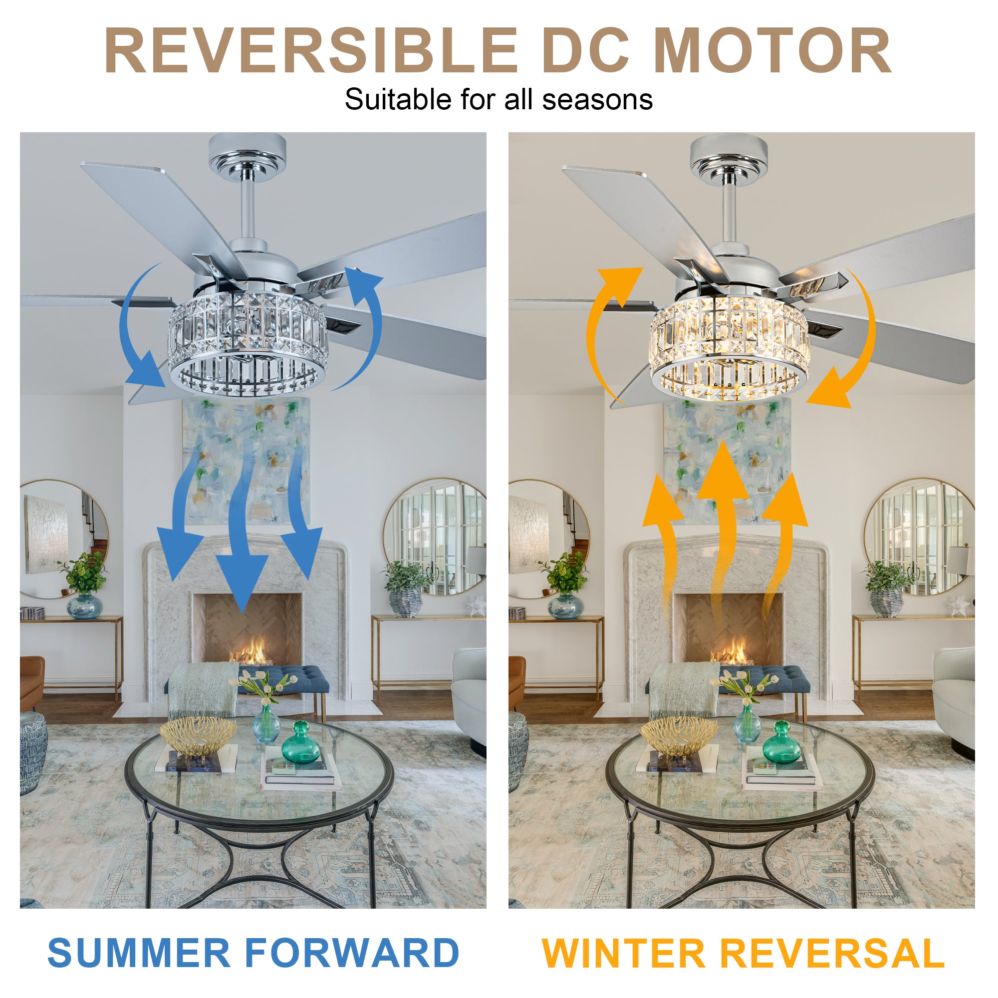 52 Inch Luxury Crystal Caged Chrome Ceiling Fan with Remote, 6-Speed Adjustable, Light Included, Reversible Blades for Living Room & More