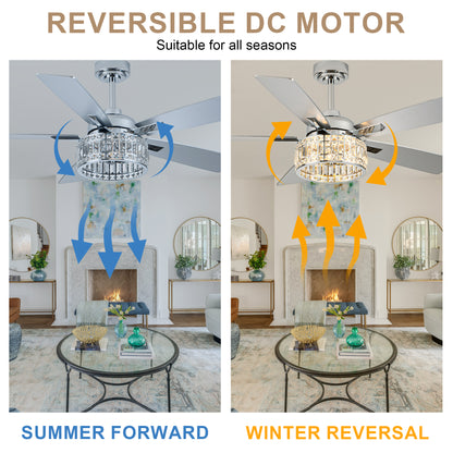 BellaDepot 52" Luxury Crystal Caged Chrome Ceiling Fan with Remote Control, 6 Speeds Ceiling Fan with Lights for Living Room- DC5227-MD