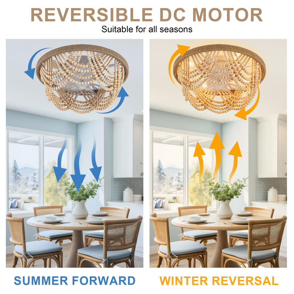 20 Inch Bohemian Flush Mount Ceiling Fan with Lights and Remote, 6 Speeds DC Motor Bladeless Low Profile Ceiling Fan for Bedroom
