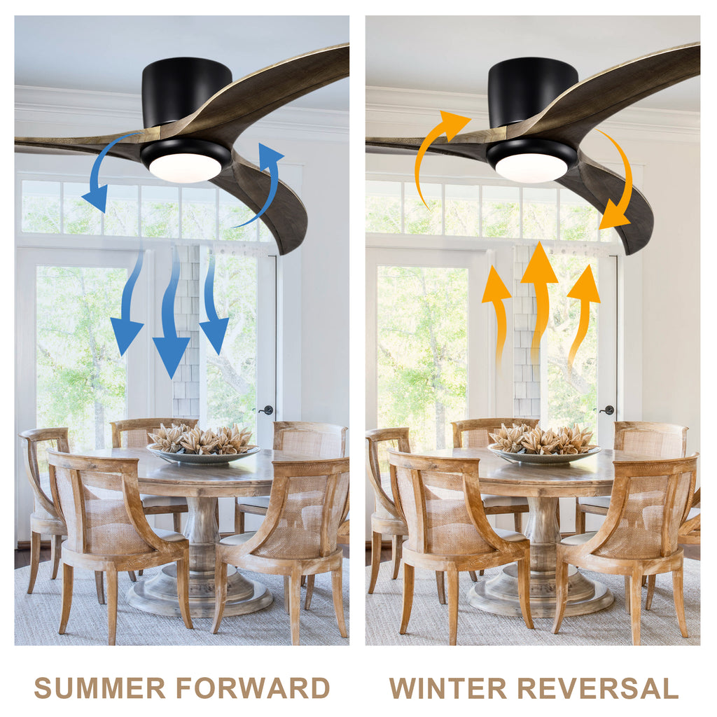 52 Inch Modern Farmhouse Flush Mount Solid Wood Blade Ceiling Fan with Lights & Remote Control, 6 Speed DC Motor Reversible Ceiling Fan