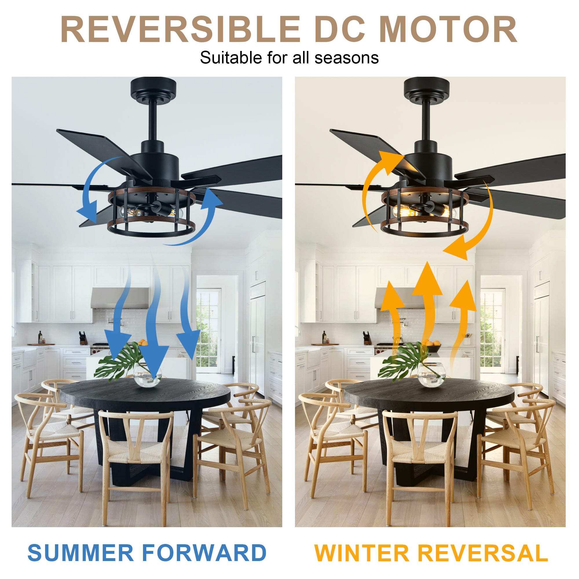 52 Inch Black Farmhouse Ceiling Fan with Lights and Remote Control,6 Speeds Dual-Finish Blades Caged Ceiling Fan