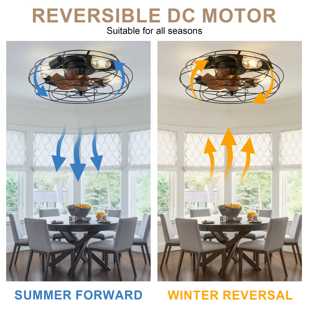 20 Inch Farmhouse Industrial Flush Mount Ceiling Fan with Lights and Remote, 6 Speeds DC Motor Bladeless Caged Ceiling Fan for Bedroom