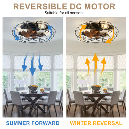 GED2035-BellaDepot 20" Flush Mount Ceiling Fan with Remote Control, Metal Caged 6 Speeds Fan with Lights, Ceiling Fan for Low Profile Room