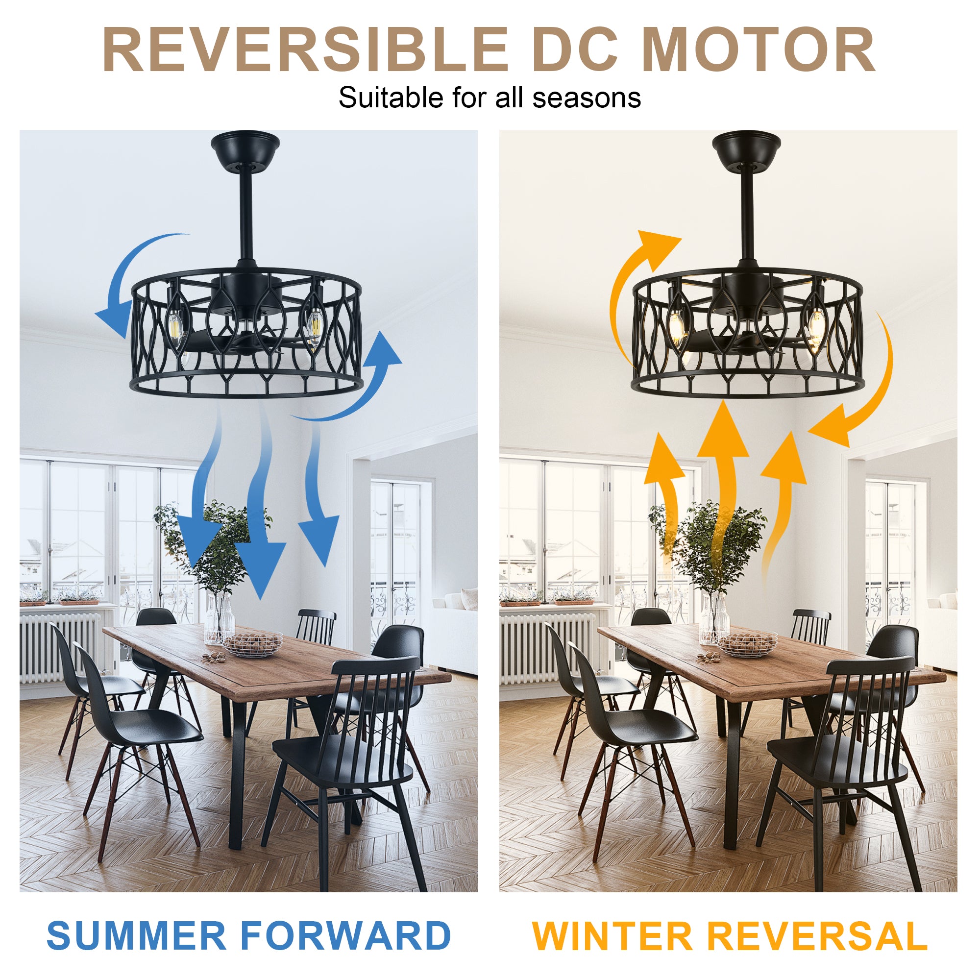 19 Inch Modern Black Caged Ceiling Fan with Lights and Remote Control, 6 Speeds DC Motor Fandelier Bladeless Ceiling Fan