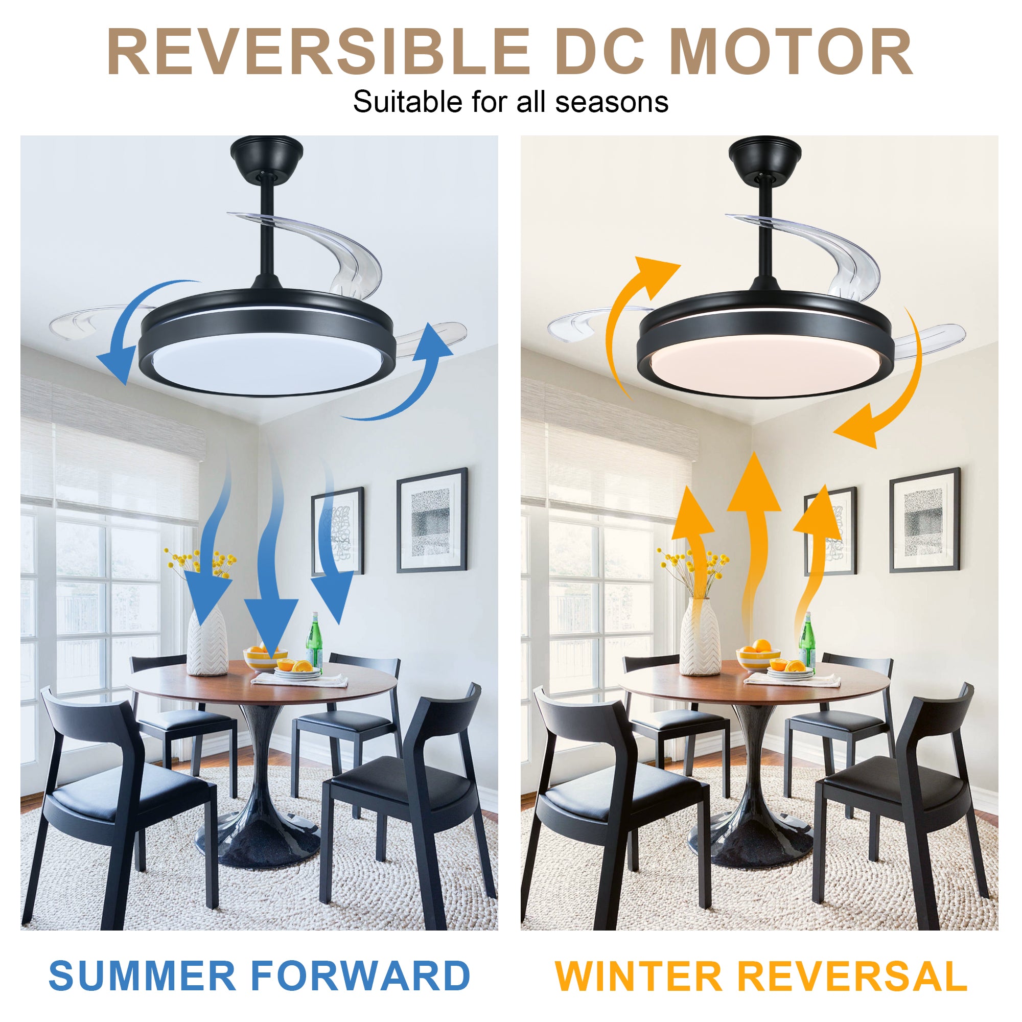 42 Inch Black/Gold/White Modern Retractable Ceiling Fan with LED Light and Remote, 6 Speeds DC Motor Bladeless Ceiling Fan for Bedroom