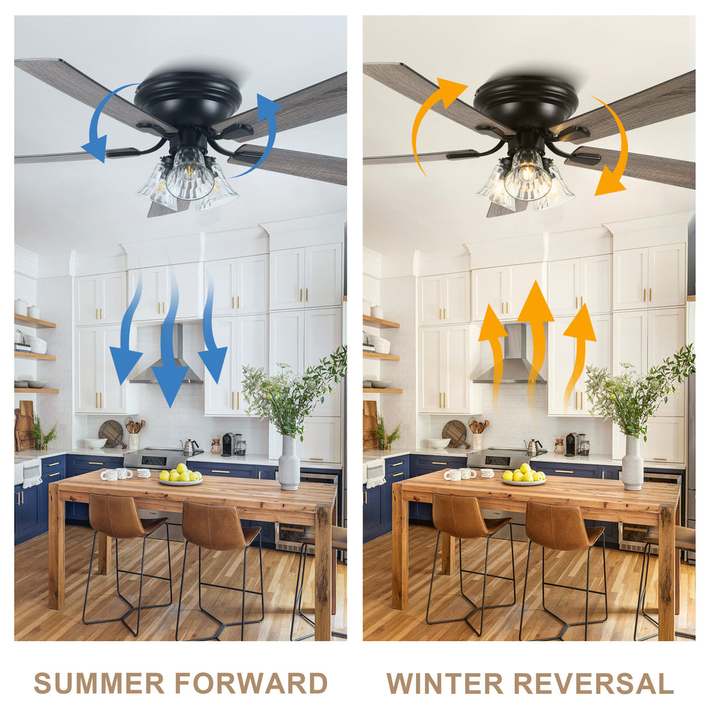52/60 Inch Black Farmhouse Flush Mount Ceiling Fan with Lights and Remote Control, 6 Speeds DC Motor Low Profile Ceiling Fan with Glass Shade