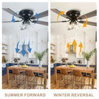 52/60 Inch Black Farmhouse Flush Mount Ceiling Fan with Lights and Remote Control, 6 Speeds DC Motor Low Profile Ceiling Fan with Glass Shade