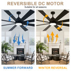 72 Inch Black Extra Large Ceiling Fan with Dimmable LED Light and Remote, 6-Speed Reversible DC Motor Ceiling Fan for Large Rooms, Dual-Finish Blades, Adjustable Height