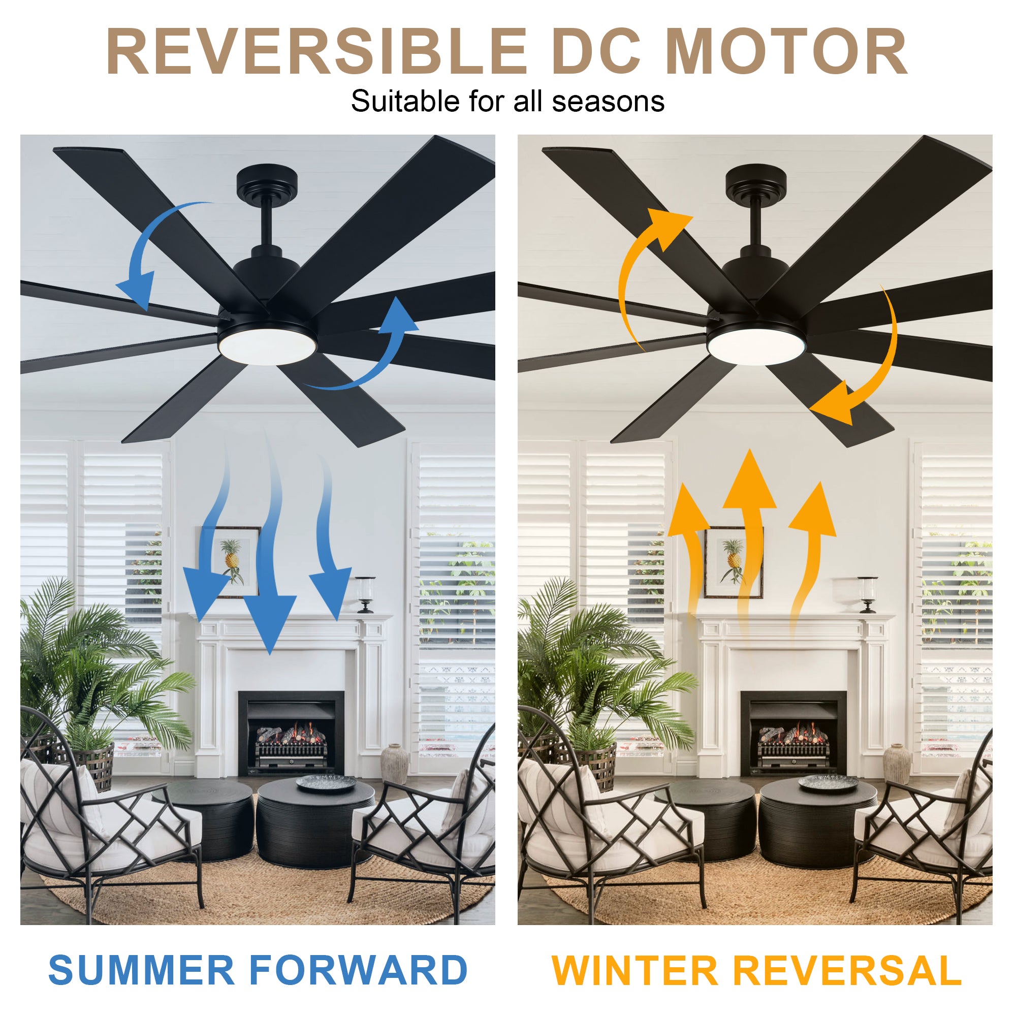 72 Inch Black Extra Large Ceiling Fan with Dimmable LED Light and Remote, 6-Speed Reversible DC Motor Ceiling Fan for Large Rooms, Dual-Finish Blades, Adjustable Height