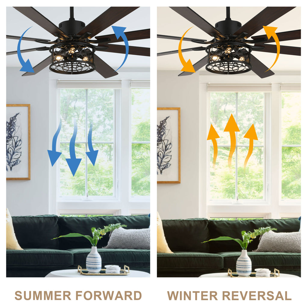 72 Inch 8-Blade Black/White Farmhouse Ceiling Fan with Lights and Remote, 6 Speeds DC Motor Reversible Extra Large Caged Ceiling Fan