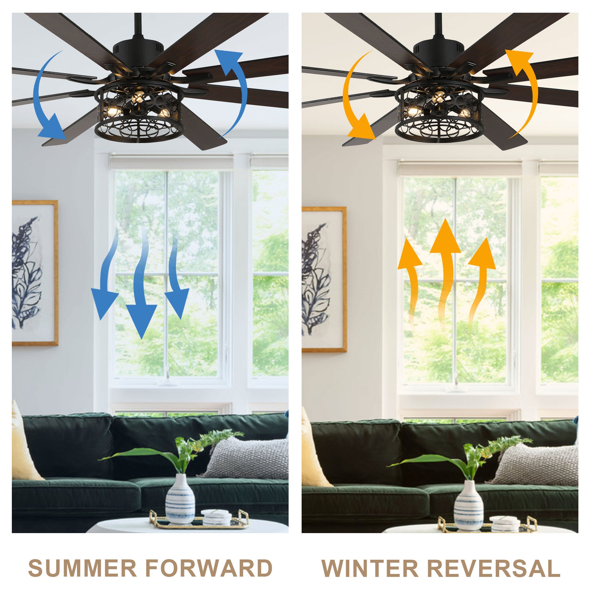 72 Inch 8-Blade Black/White Farmhouse Ceiling Fan with Lights and Remote, 6 Speeds DC Motor Reversible Extra Large Caged Ceiling Fan