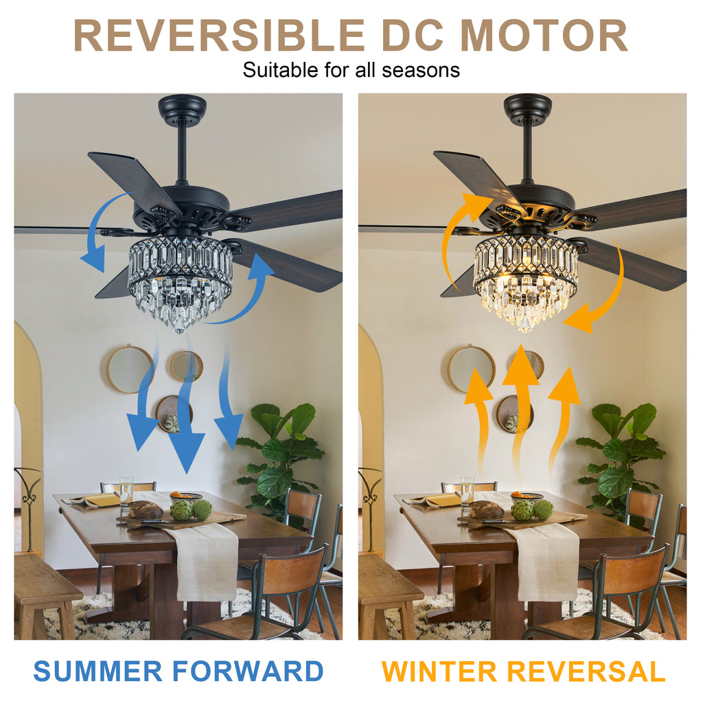52 Inch Modern Luxury Crystal Ceiling Fan with Light and Remote Control, 6 Speeds DC Motor Chandelier Ceiling Fan for Living Room