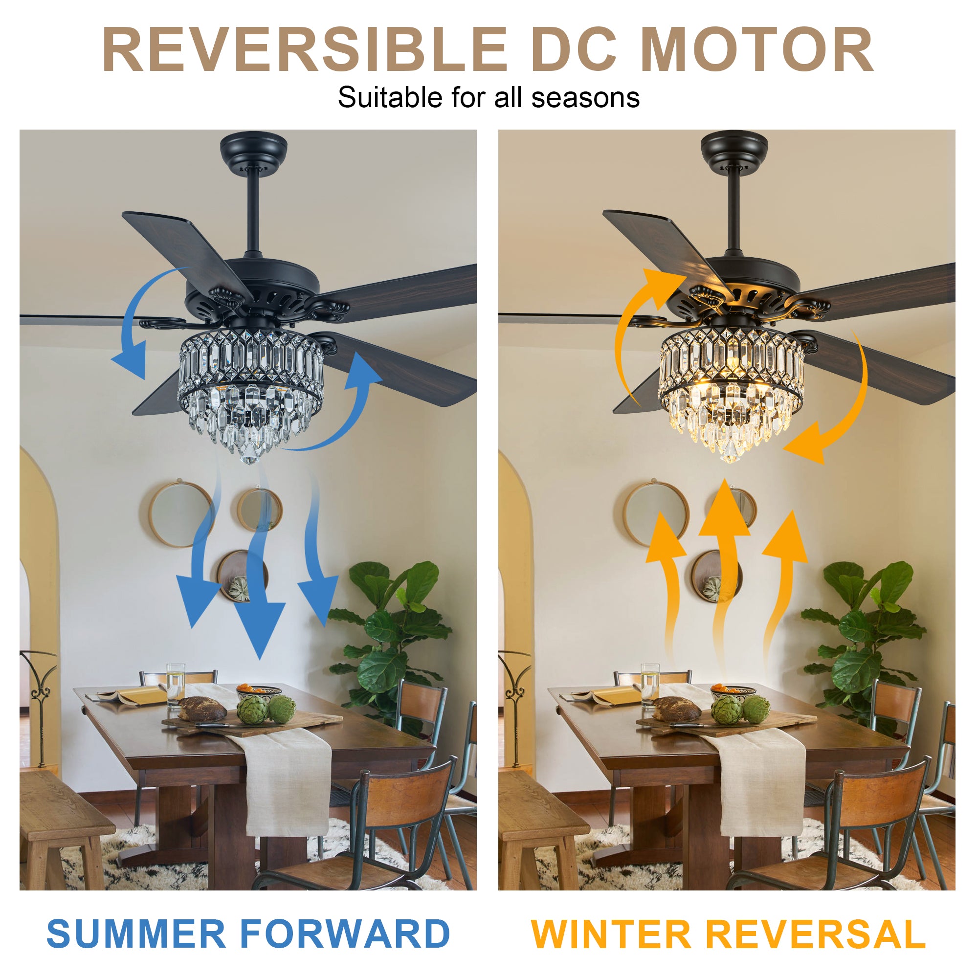 52 Inch Modern Luxury Crystal Ceiling Fan with Light and Remote Control, 6 Speeds DC Motor Chandelier Ceiling Fan for Living Room