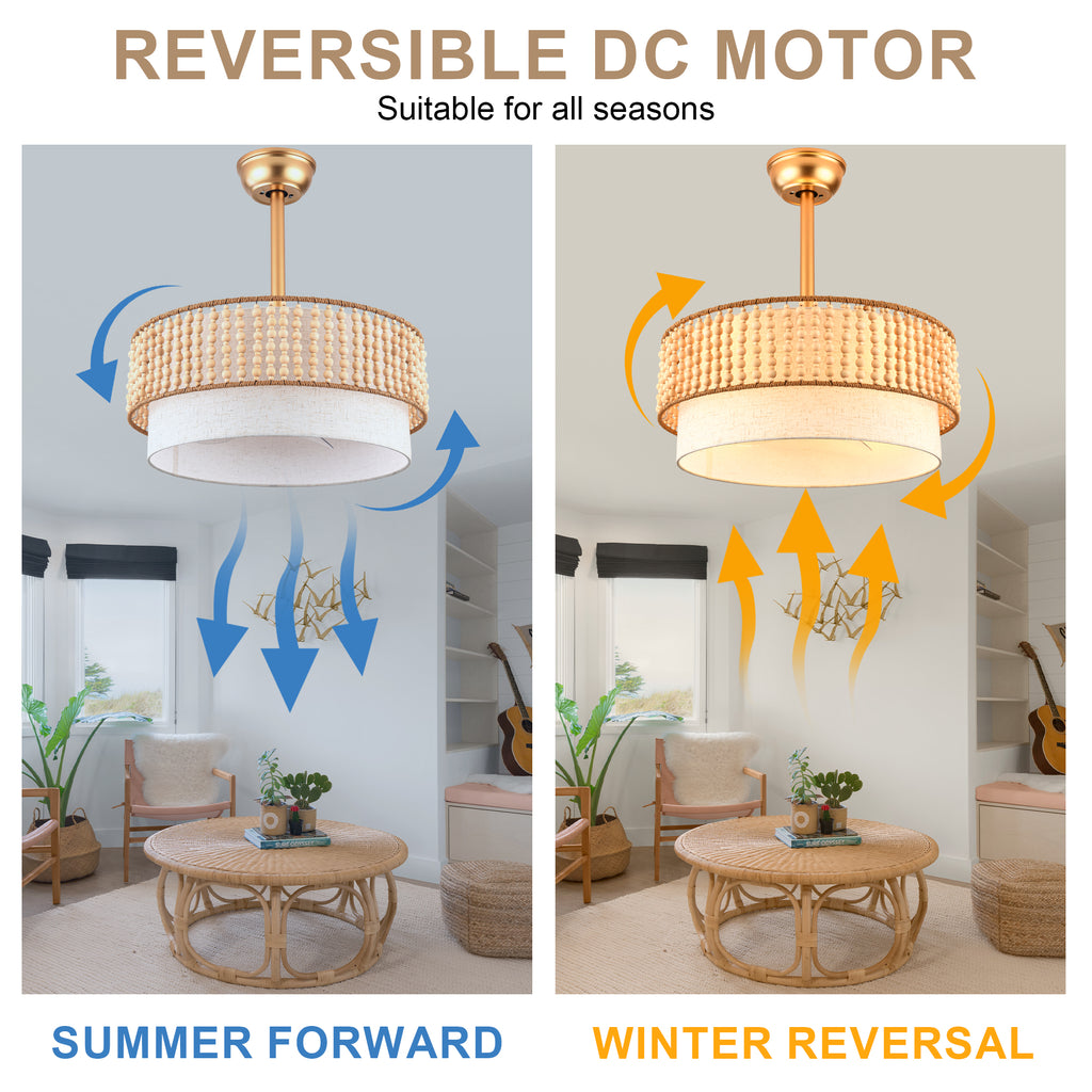 20 Inch Gold Bohemian Drum Ceiling Fan with Lights and Remote, 6 Speeds DC Motor Reversible Bladeless Fandelier Ceiling Fan with Wood Beaded Shade