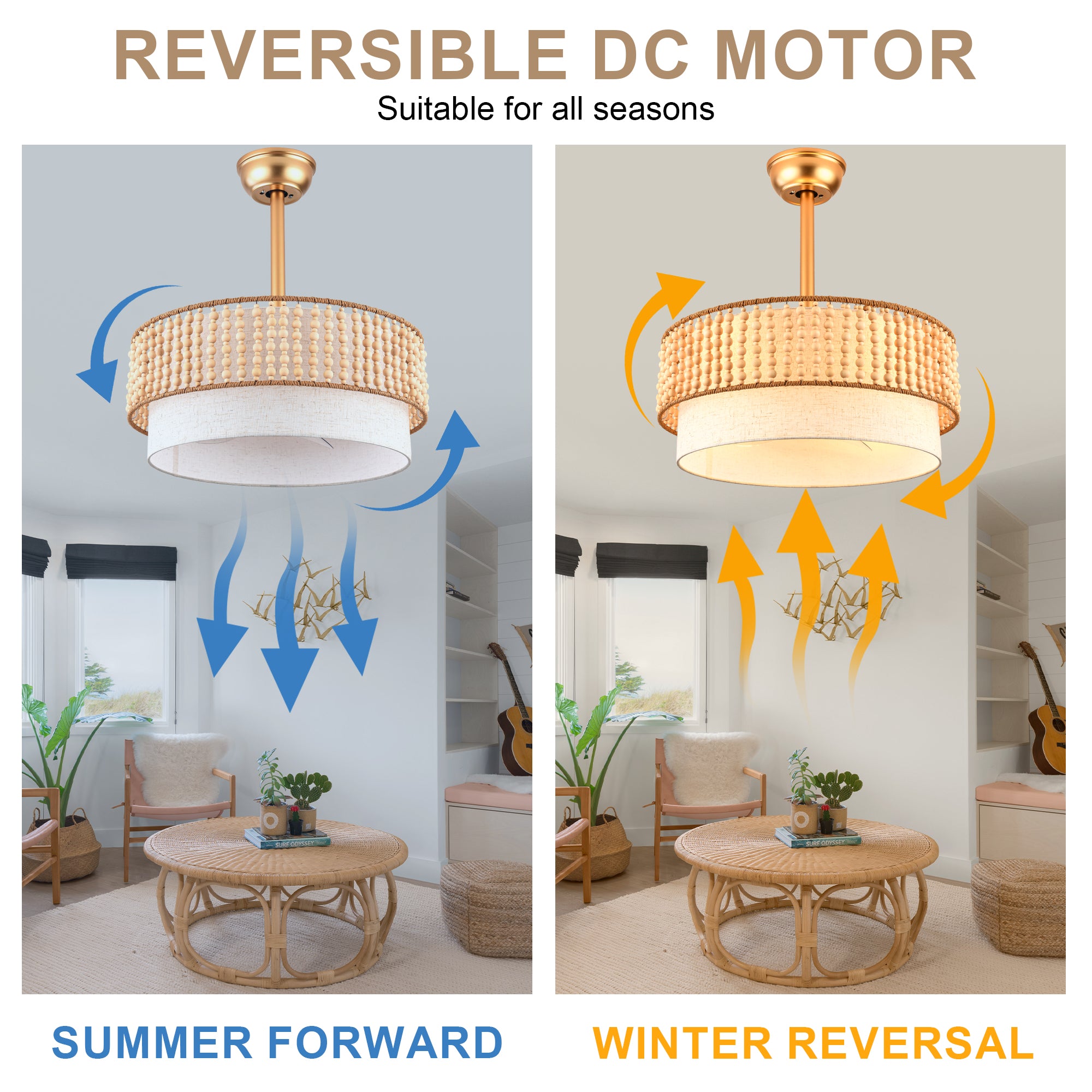 20 Inch Gold Bohemian Drum Ceiling Fan with Lights and Remote, 6 Speeds DC Motor Reversible Bladeless Fandelier Ceiling Fan with Wood Beaded Shade