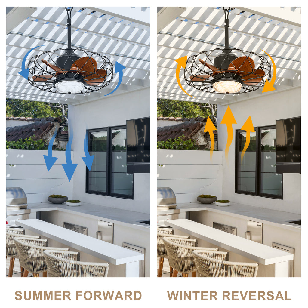 21 Inch Outdoor Caged Ceiling Fan with LED Light and Remote & APP Control, 6-Speed Reversible Modern Waterproof Industrial Ceiling Fan for Patio