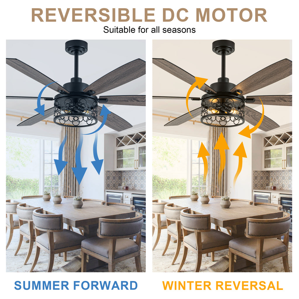 Modern 60 Inch Industrial Caged Ceiling Fan with Light Reversible Quiet DC Motor with 6 Speed Remote Control Ceiling Fan Adjustable Down Rodes Ceiling Fan with Light Suit for Bedroon,Living Room