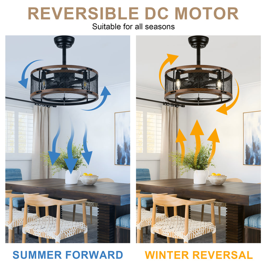 20 Inch Farmhouse Industrial Cage Ceiling Fan with Light and Remote, 6-Speed Reversible DC Motor Fandelier Bladeless Ceiling Fan