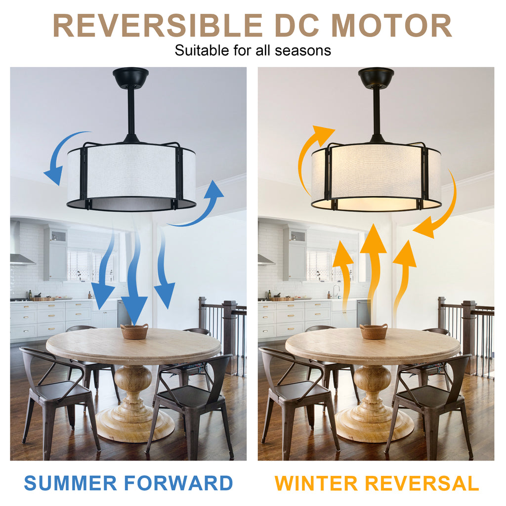 19 Inch Modern Ceiling Fan with Fabric Shade, 6-Speed DC Motor Bladeless Ceiling Fan with Lights and Remote Control for Bedroom
