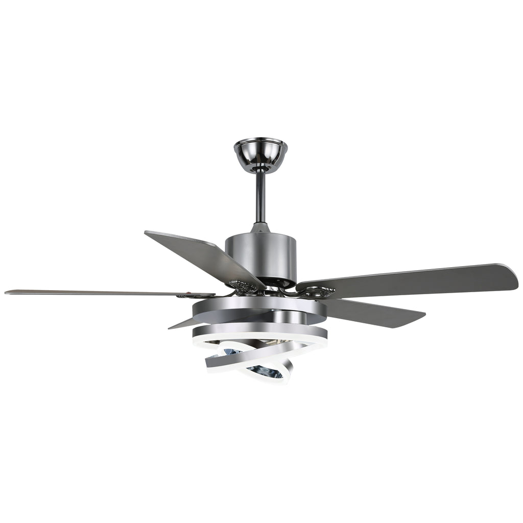 52 Inch Black/Chrome Modern Ceiling Fan with LED Light and Remote Control, 6 Speeds DC Motor Reversible Ceiling Fan with DIY Shade