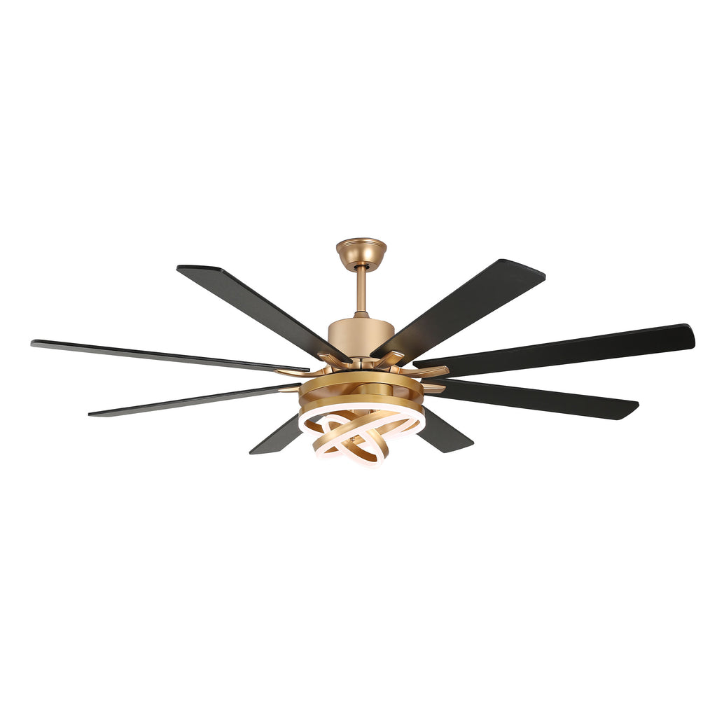 72 Inch Black/Gold/Chrome 8-Blade Modern Extra Large Ceiling Fan with LED Light and Remote, 6 Speeds DC Motor Reversible Ceiling Fan DIY Shade