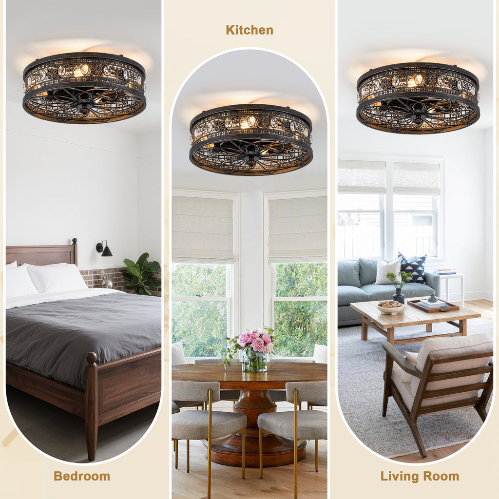 Retro 19 Inch Retractable Ceiling Fan with Light Reversible Quite DC Motor Ceiling Fan Remote APP Control Flush-Mount Fan with Light for Bedrooms, Living Rooms, Kitchens