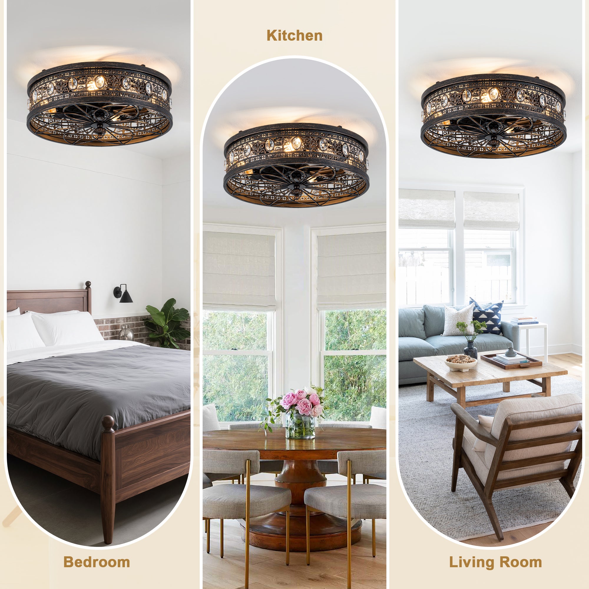 Retro 19 Inch Retractable Ceiling Fan with Light Reversible Quite DC Motor Ceiling Fan Remote APP Control Flush-Mount Fan with Light for Bedrooms, Living Rooms, Kitchens