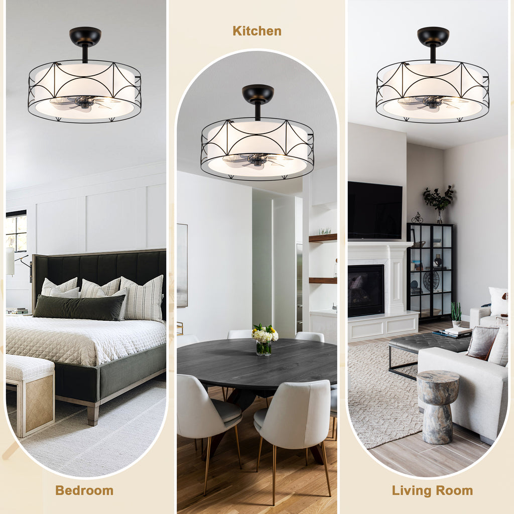 Bohemia Style 20 Inch Caged Retractable Ceiling Fan with Light Quiet Reversible DC Motor 6 Speed Timer Remote Control Ceiling Fan Adjustable Down Rods Ceiling Fan Suit for Kitchen, Bedroom,Living Room