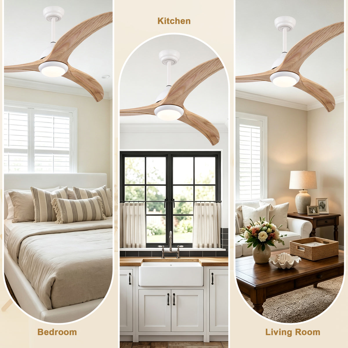 52 Inch Modern Farmhouse Matte White Solid Wood Blade Ceiling Fan with Lights & Remote Control, 6 Speed DC Motor Reversible Ceiling Fan