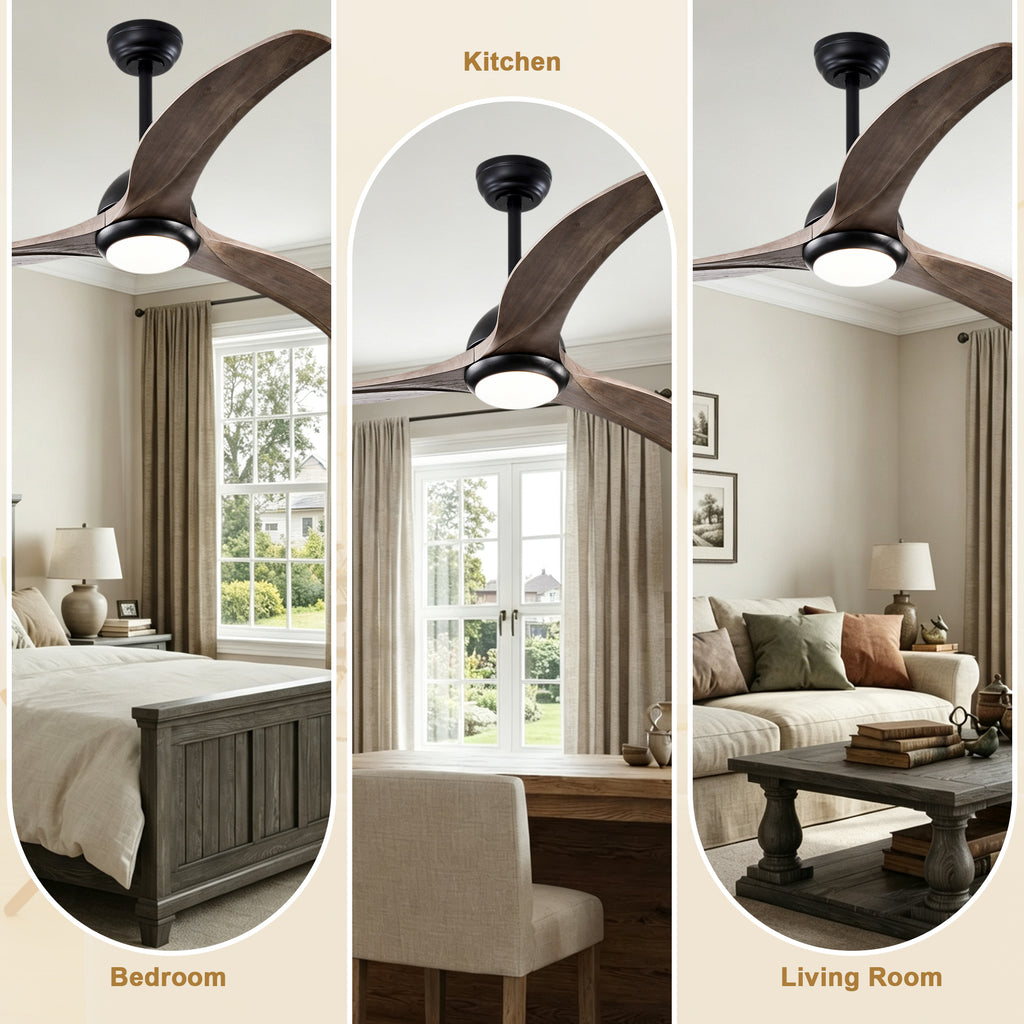 52 Inch Modern Farmhouse Matte Black Solid Wood Blade Ceiling Fan with Lights & Remote Control, 6 Speed DC Motor Reversible Ceiling Fan