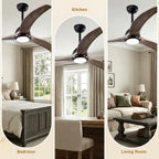 52 Inch Modern Farmhouse Matte Black Solid Wood Blade Ceiling Fan with Lights & Remote Control, 6 Speed DC Motor Reversible Ceiling Fan