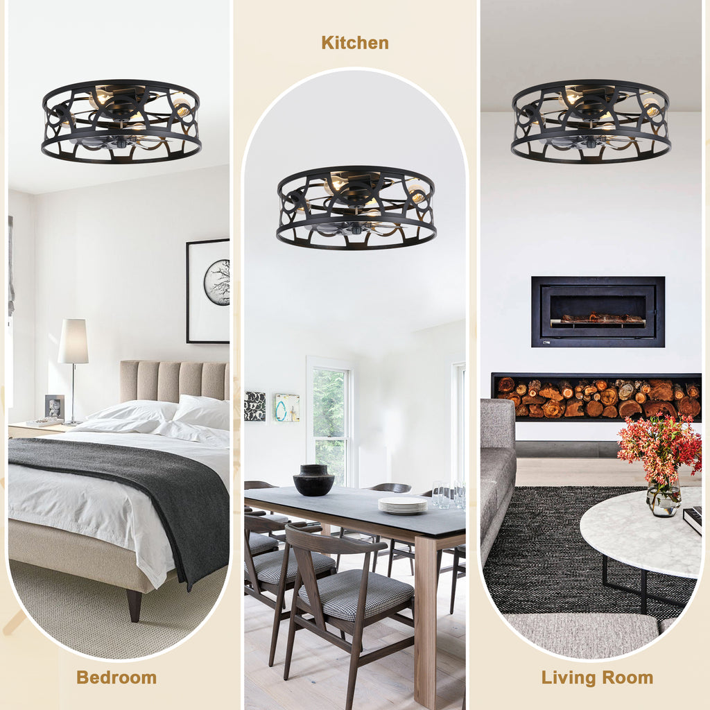 Industrial 20 Inch Caged Flush Mount Ceiling Fan with Light Quiet Reversible DC Motor with Remote Control Small Ceiling Fan Modern 7 Blades Ceiling Fan with Light Suit for Bedroom，Kitchen