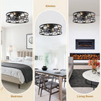 Industrial 20 Inch Caged Flush Mount Ceiling Fan with Light Quiet Reversible DC Motor with Remote Control Small Ceiling Fan Modern 7 Blades Ceiling Fan with Light Suit for Bedroom，Kitchen