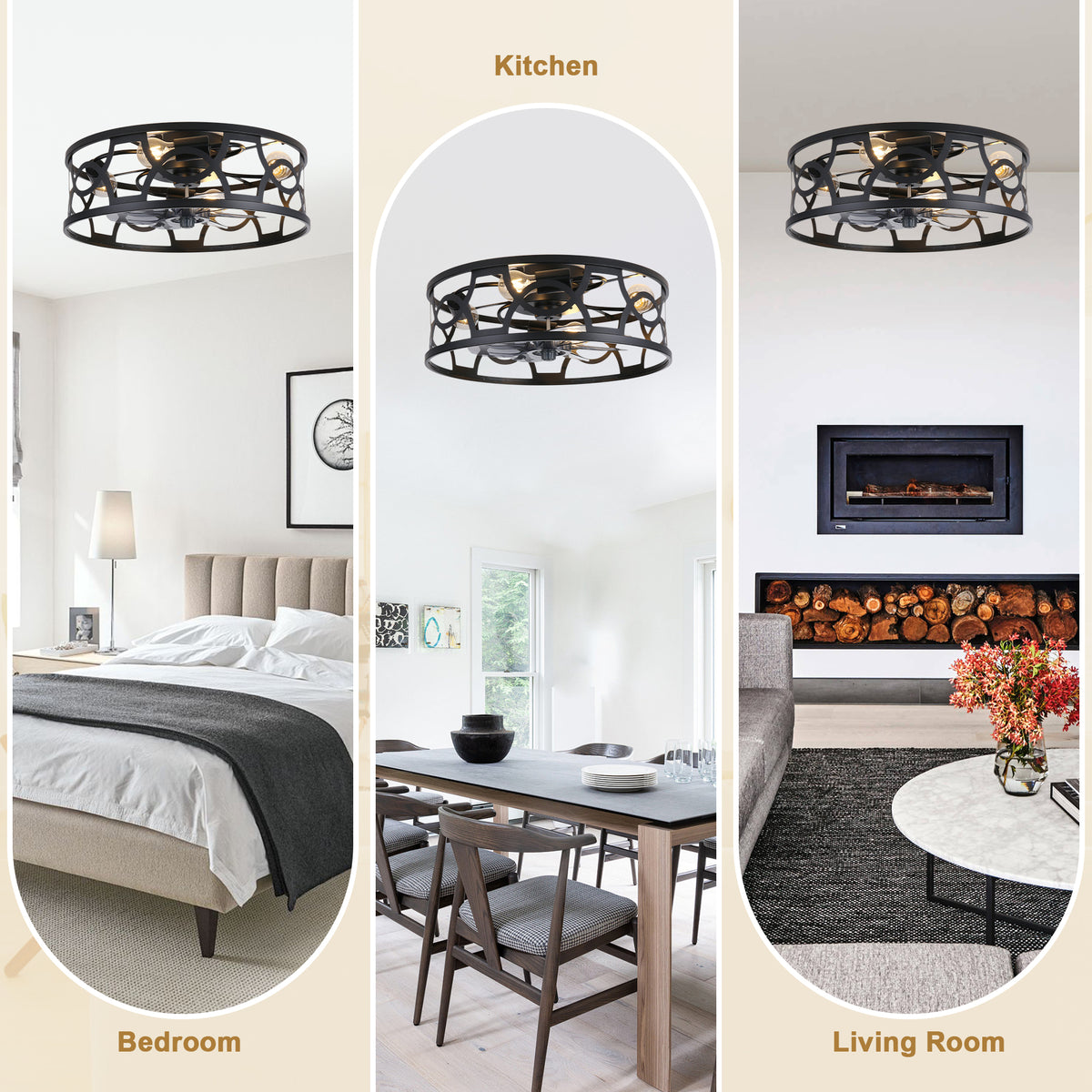 Industrial 20 Inch Caged Flush Mount Ceiling Fan with Light Quiet Reversible DC Motor with Remote Control Small Ceiling Fan Modern 7 Blades Ceiling Fan with Light Suit for Bedroom，Kitchen