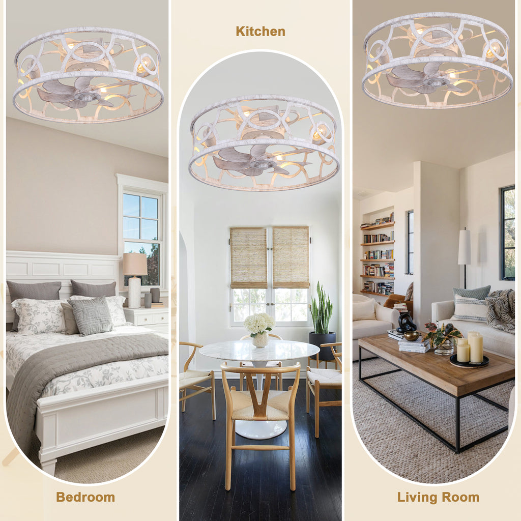 Industrial 20 Inch Caged Flush Mount Ceiling Fan with Light Quiet Reversible DC Motor with Remote Control Small Ceiling Fan Modern 7 Blades Ceiling Fan with Light Suit for Bedroom，Kitchen