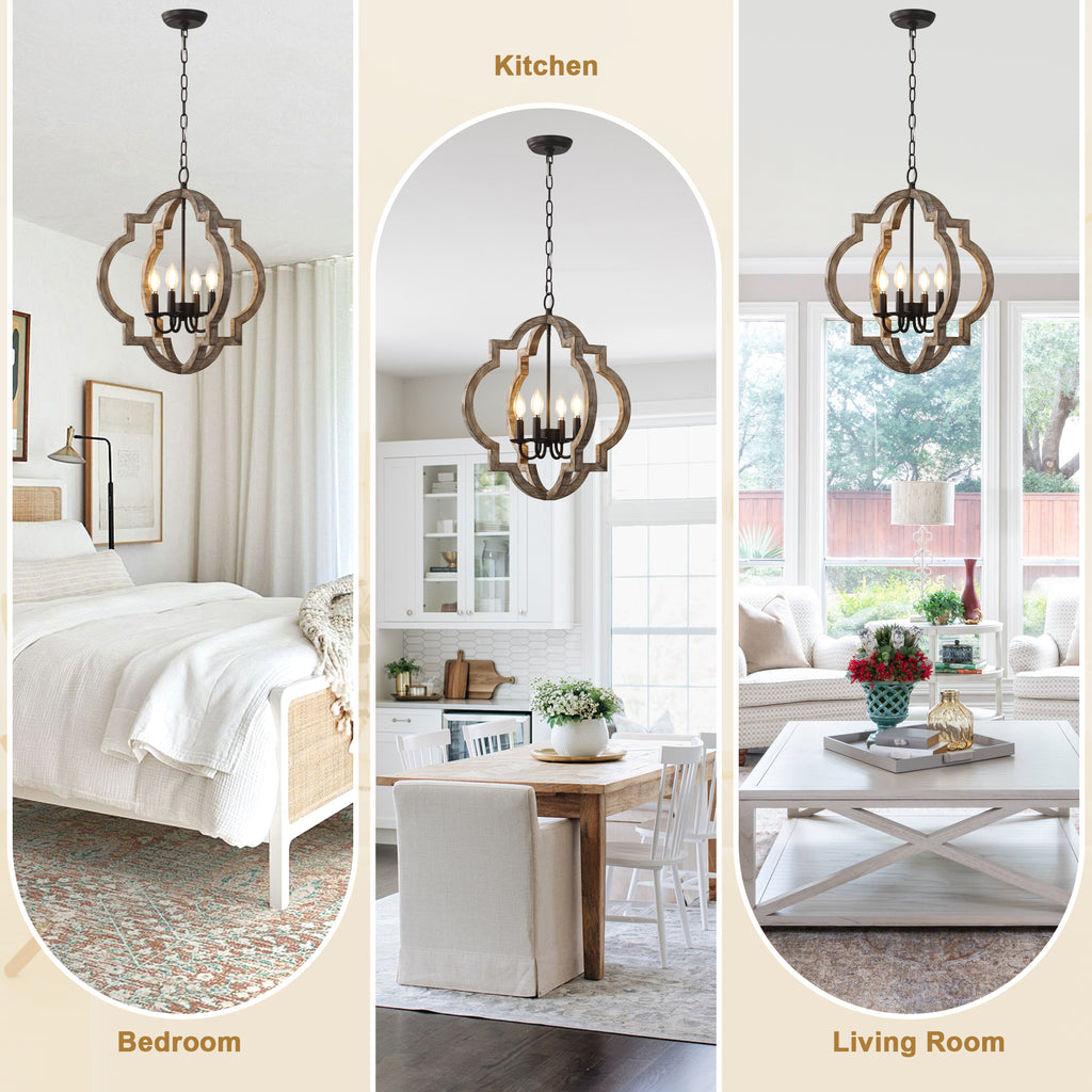 Vintage Farmhouse 22 Inch Chandelier Adjustable Height 4 Light Caged Chandelier Retro Handmade Wooden Pendant Light Suit for Living Rooms, Bedrooms, Kitchens