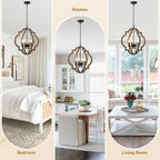 Vintage Farmhouse 22 Inch Chandelier Adjustable Height 4 Light Caged Chandelier Retro Handmade Wooden Pendant Light Suit for Living Rooms, Bedrooms, Kitchens