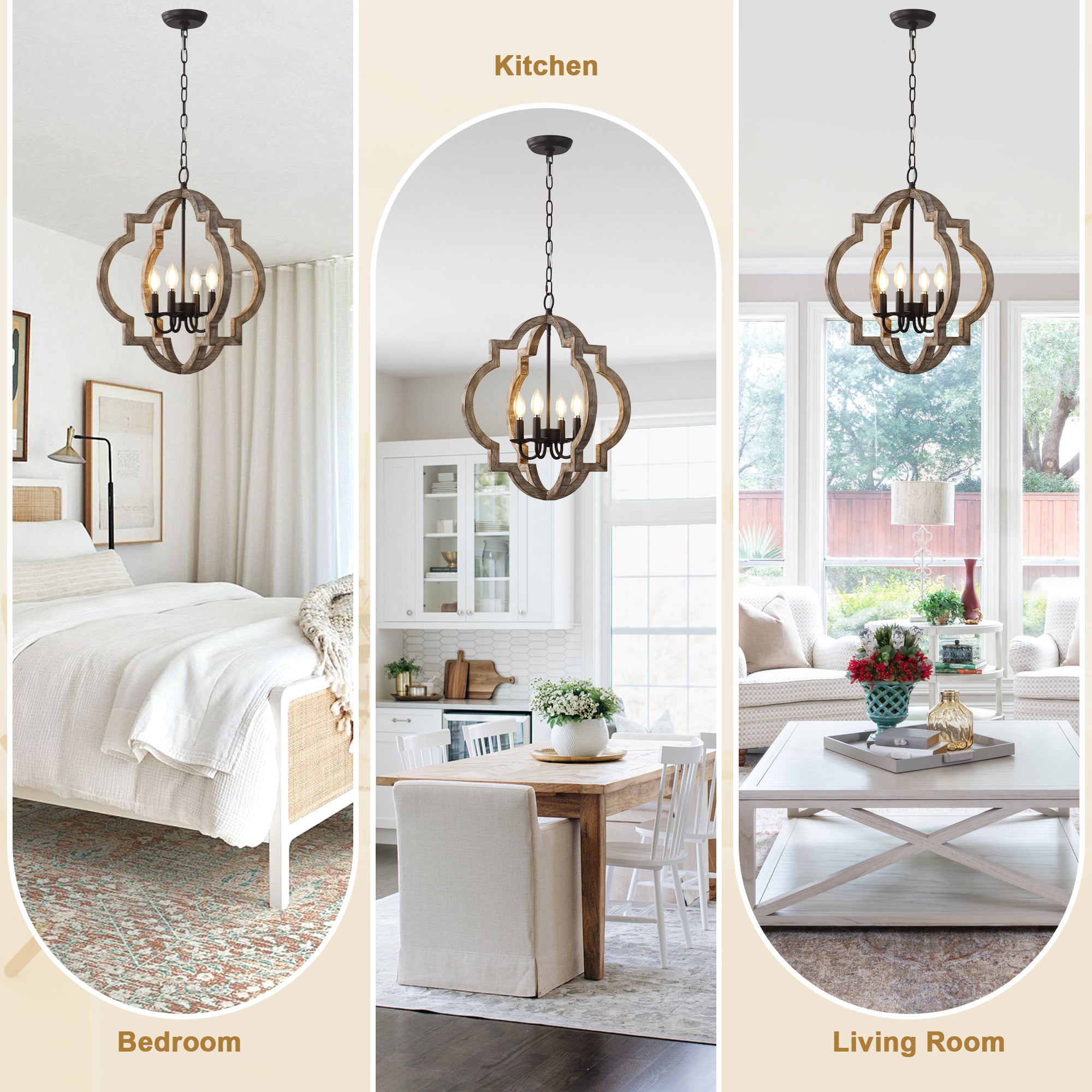 Vintage Farmhouse 22 Inch Chandelier Adjustable Height 4 Light Caged Chandelier Retro Handmade Wooden Pendant Light Suit for Living Rooms, Bedrooms, Kitchens