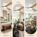 52 Inch Farmhouse Matte White Natural Wood Flush Mount Ceiling Fan with Lights & Remote Control, 6 Speed DC Motor Reversible Ceiling Fan