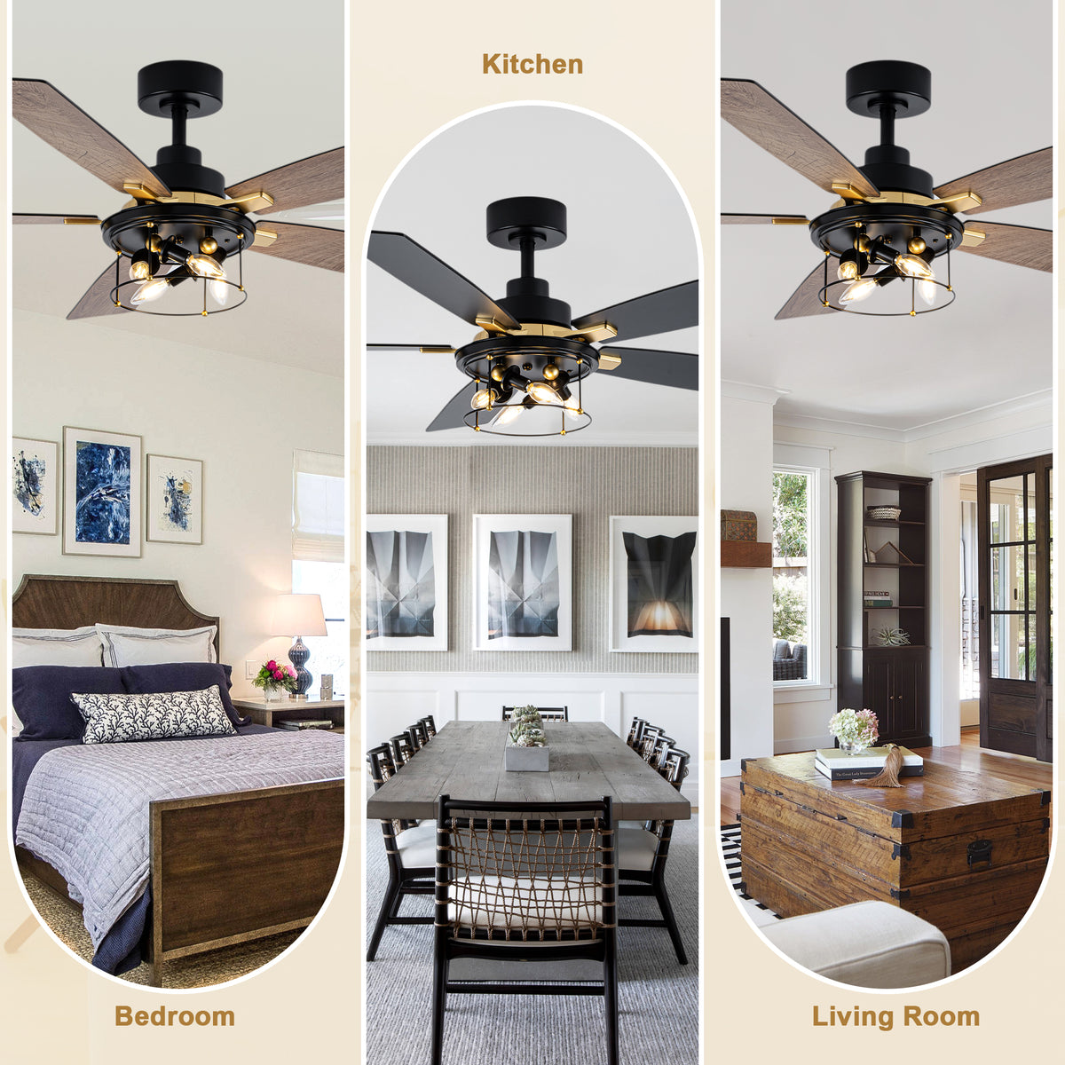 Industrial 52 Inch Gold/Black Caged Ceiling Fan with Light Quiet Reversible DC Motor with 6 Speed Remote Control Ceiling Fan 5 Blades Ceiling Fan Suit for Kitchen Bedroom Living Room