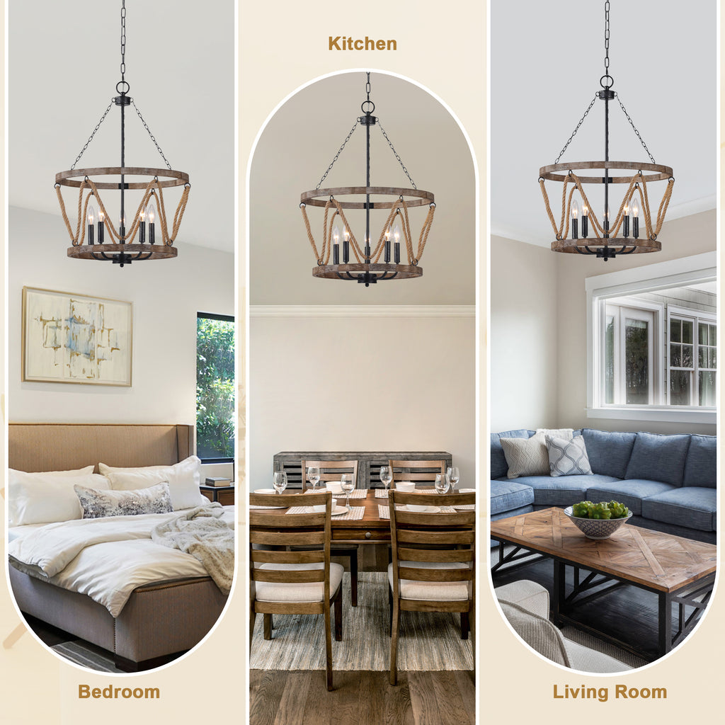 Farmhouse 20 Inch Hemp Rope Hanging Chain Chandelier Metal Wooden Hollow Out Caged Chandeliers Retro Versatile Adjustable Hanging Chain Chandelier Suit for Living Room, Kitchen, Bedroom