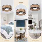 Bohemian 20 Inch Flush Mount Ceiling Fan with Light Caged Bamboo and Paper Rope Woven Shade Ceiling Fan with Ligth Dimmable LED and Reversible DC Motor Ceiling Fan Suit for Bedroom, Kitchen