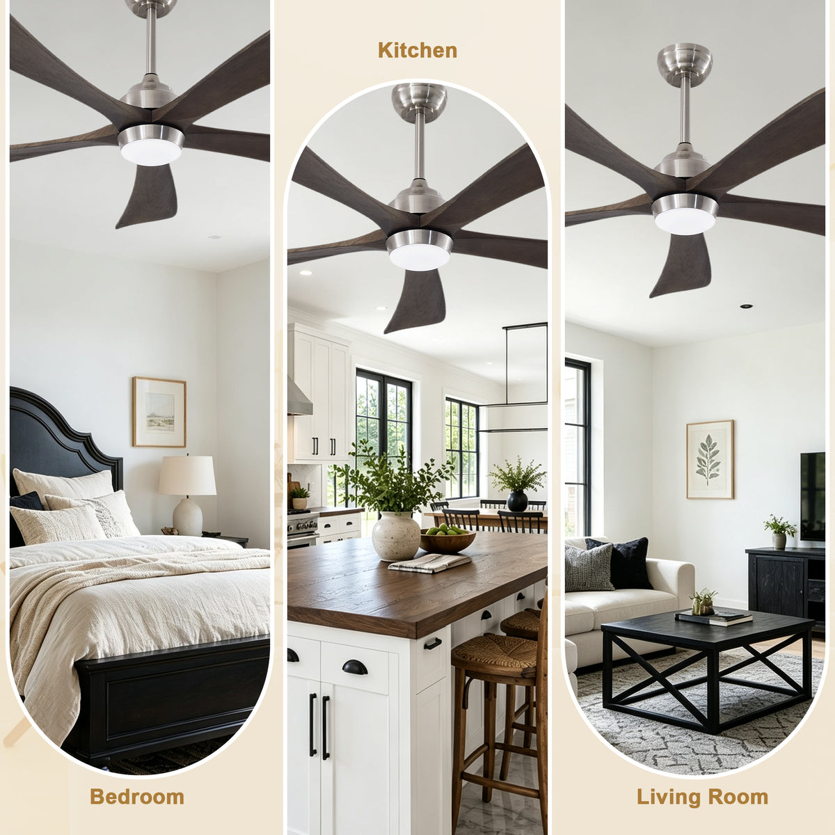 52 Inch Modern Farmhouse Solid Wood 3 Blade Ceiling Fan with Lights & Remote Control, 6 Speed DC Motor Reversible Ceiling Fan