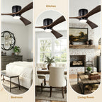52 Inch Modern Farmhouse Matte Black Flush Mount eiling Fan with Lights & Remote Control, 6 Speed DC Motor Reversible Ceiling Fan