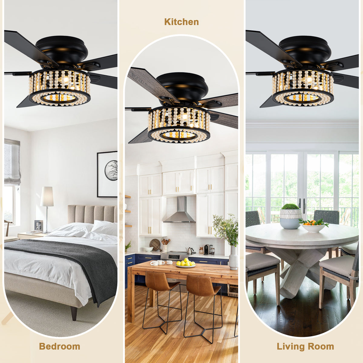 Bohemian 52 Inch Flush Mount Ceiling Fan with Light Quiet DC Motor Reversible 5 Fan Blades Farmhouse Ceiling Fan with Light Remote Control 6 Adjustable Speed Ceiling Fan Suit for Bedrooms, Kitchens, Living Rooms