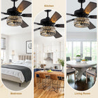 Luxury 60 Inch Crystal Caged Ceiling Fan with Light Reversible Quiet DC Motor and Remote Control Ceiling Fan Wood Blades Ceiling Fan Suit for Bedroom, Living Room, Kitchen