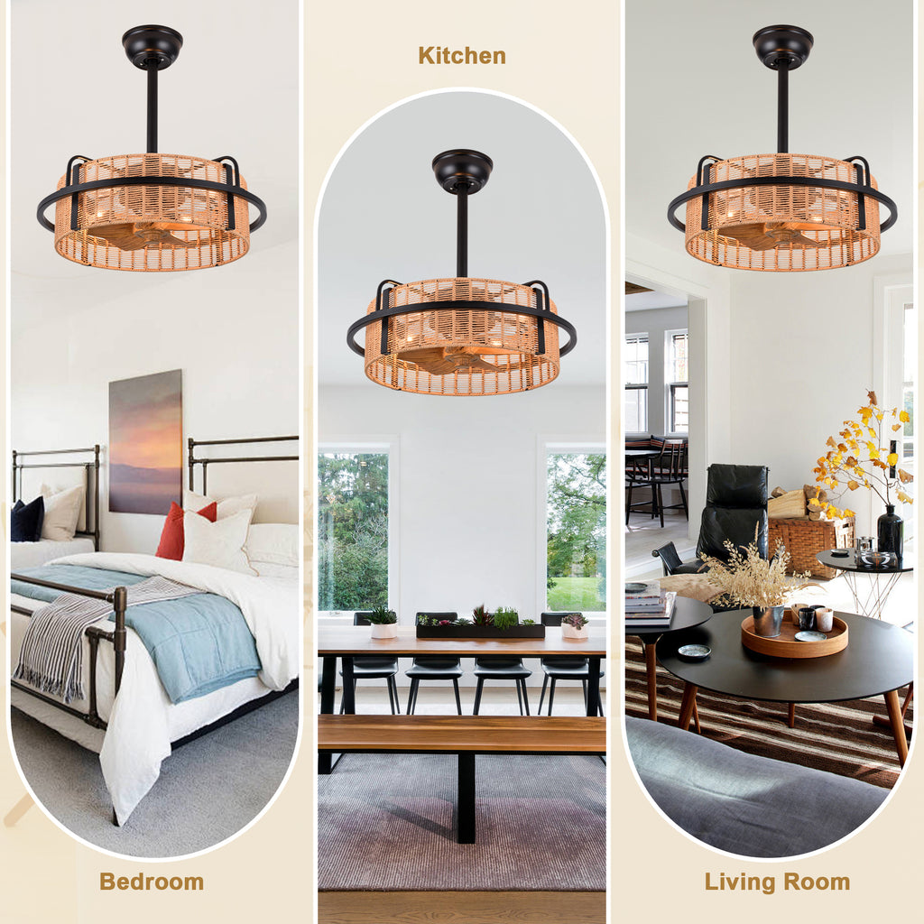 Bohemian 20 Inch Rattan Caged Retractable Ceiling Fan with Light Quiet DC Motor Reversible Down Rod Ceiling Fan with Light Farmhouse Remote Control and Adjustable 6 Speed Ceiling Fan Suit for Bedrooms, Kitchens, Living Rooms